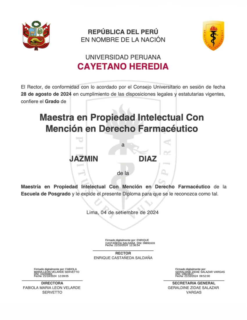 Diploma Maestría en Propiedad Intelectual con mención en Derecho Farmacéutico - Universidad Peruana Cayetano Heredia